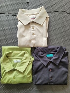 3 Men's Dry Fit Type Material Polo Shirts. *Green Shirt is Large, other 2 are XL